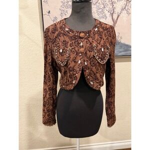 Banana USA Brown Damask‎ Floral Rhinestone Cropped Bolero Jacket Women  COTTON